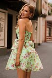 Vestido de fiesta corto con corsé floral verde sin tirantes con lazos