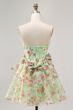 Vestido de fiesta corto con corsé floral verde sin tirantes con lazos