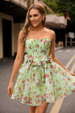 Vestido de fiesta corto con corsé floral verde sin tirantes con lazos