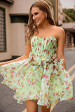 Vestido de fiesta corto con corsé floral verde sin tirantes con lazos