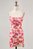 Vestido corto de fiesta mini estampado de tirantes de espagueti floral rojo
