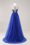Vestido de fiesta largo con purpurina azul real con cuentas de una línea con abertura