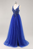 Vestido de fiesta largo con purpurina azul real con cuentas de una línea con abertura