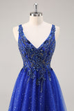 Vestido de fiesta largo con purpurina azul real con cuentas de una línea con abertura