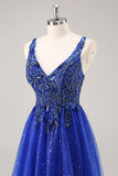 Vestido de fiesta largo con purpurina azul real con cuentas de una línea con abertura