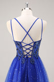 Vestido de fiesta largo con purpurina azul real con cuentas de una línea con abertura