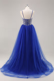 Vestido de fiesta largo azul real A Line con abalorios