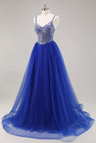 Vestido de fiesta largo azul real A Line con abalorios