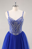 Vestido de fiesta largo azul real A Line con abalorios