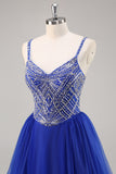Vestido de fiesta largo azul real A Line con abalorios