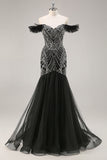 Vestido de fiesta negro de sirena con cuentas con hombros descubiertos