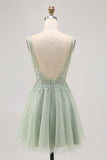 Vestido corto de regreso a casa con cuentas y cuentas de tul verde de una línea con lentejuelas