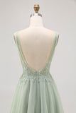 Vestido corto de regreso a casa con cuentas y cuentas de tul verde de una línea con lentejuelas