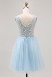 Vestido corto de regreso a casa de tul azul brillante con lentejuelas