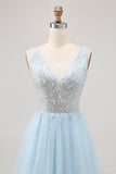 Vestido corto de regreso a casa de tul azul brillante con lentejuelas