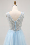 Vestido corto de regreso a casa de tul azul brillante con lentejuelas