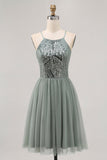 Gris Verde Vestido corto de lentejuelas de tul con lentejuelas