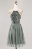 Gris Verde Vestido corto de lentejuelas de tul con lentejuelas