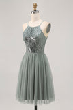 Gris Verde Vestido corto de lentejuelas de tul con lentejuelas