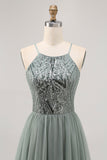 Gris Verde Vestido corto de lentejuelas de tul con lentejuelas