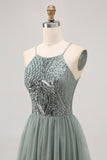 Gris Verde Vestido corto de lentejuelas de tul con lentejuelas