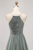 Gris Verde Vestido corto de lentejuelas de tul con lentejuelas
