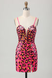 Vestido de fiesta corto ajustado con tirantes finos de lentejuelas fucsia con abertura
