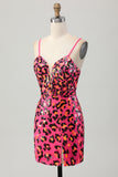 Fucsia Bodycon Tirantes de Espagueti Lentejuelas Vestido de Regreso a Casa con Abertura