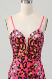 Fucsia Bodycon Tirantes de Espagueti Lentejuelas Vestido de Regreso a Casa con Abertura