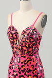 Fucsia Bodycon Tirantes de Espagueti Lentejuelas Vestido de Regreso a Casa con Abertura