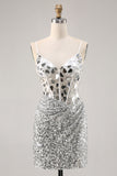 Corsé Plata Escote en V Bodycon Espejo Vestido de Regreso a Casa