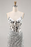 Corsé Plata Escote en V Bodycon Espejo Vestido de Regreso a Casa