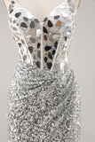 Corsé Plata Escote en V Bodycon Espejo Vestido de Regreso a Casa
