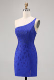 Vestido de regreso a casa con cuentas de un solo hombro azul real