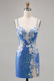 Vestido de regreso a casa de lentejuelas ajustado azul floral brillante