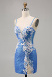 Vestido de regreso a casa de lentejuelas ajustado azul floral brillante