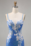Vestido de regreso a casa de lentejuelas ajustado azul floral brillante