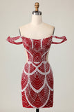 Vestido de regreso a casa rojo ajustado con hombros descubiertos con lentejuelas