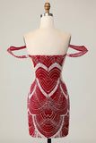 Vestido de regreso a casa rojo ajustado con hombros descubiertos con lentejuelas