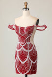 Vestido de regreso a casa rojo ajustado con hombros descubiertos con lentejuelas