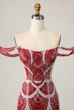Vestido de regreso a casa rojo ajustado con hombros descubiertos con lentejuelas