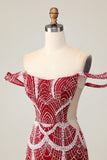 Vestido de regreso a casa rojo ajustado con hombros descubiertos con lentejuelas