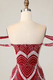 Vestido de regreso a casa rojo ajustado con hombros descubiertos con lentejuelas