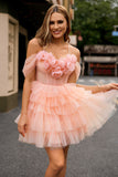 Vestido corto de fiesta con hombros descubiertos corte en A y flores 3D rosa