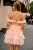 Vestido corto de fiesta con hombros descubiertos corte en A y flores 3D rosa