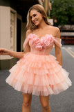 Vestido corto de fiesta con hombros descubiertos corte en A y flores 3D rosa