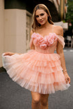 Vestido corto de fiesta con hombros descubiertos corte en A y flores 3D rosa