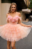 Vestido corto de fiesta con hombros descubiertos corte en A y flores 3D rosa