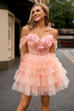 Vestido corto de fiesta con hombros descubiertos corte en A y flores 3D rosa