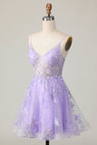 Vestido de regreso a casa de tul morado A Line con apliques